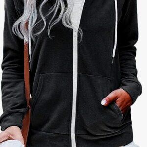 Women's Black Zip-Up Hoodie with Contrast White Trim